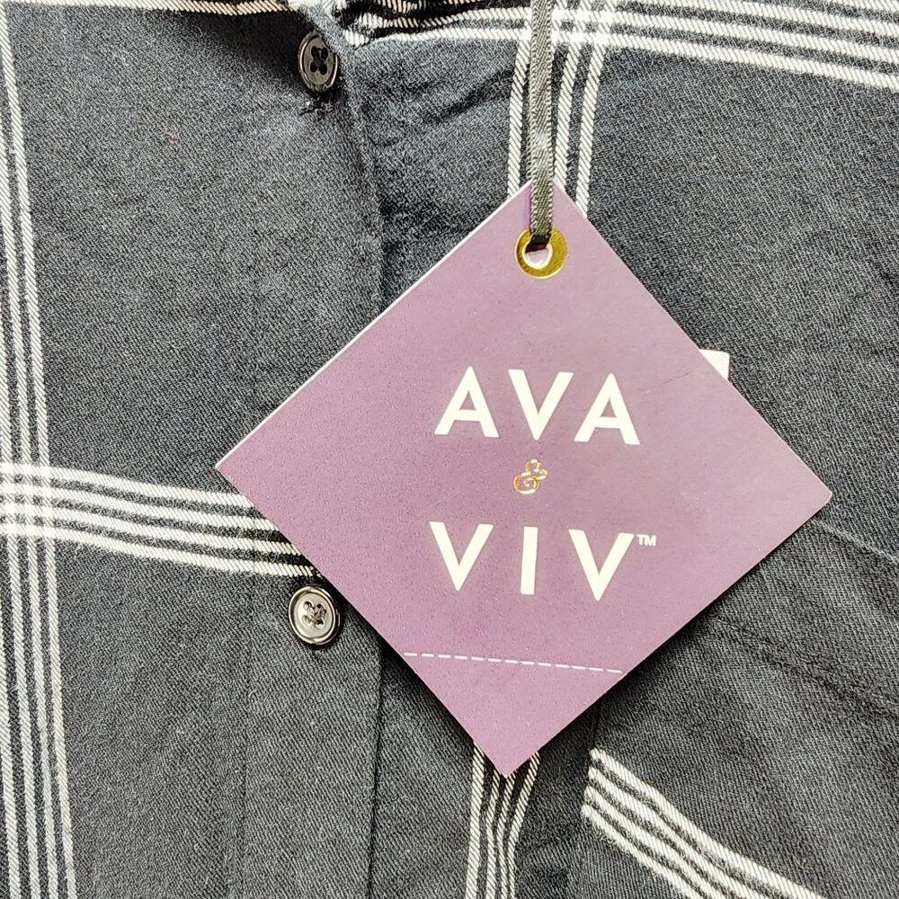 Ava & Viv Black White Plaid Button-Up Womens Shirt Plus Size 3X Long Sleeve - Picture 4 of 7